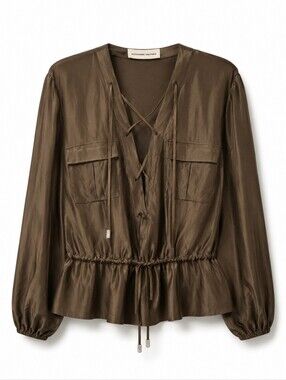 Alexandre Vauthier Olive Green Lace-Up Satin Blouse